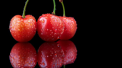 Cherries with water drops on a black background closeup.