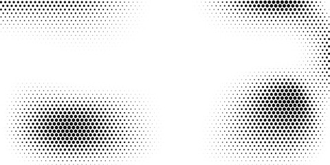 Hexagon halftone gradient texture. Abstract black grunge background. Geometric retro halftone tech overlay. Fading wavy hexagonal pattern backdrop. Vector vanishing honeycomb grunge bitmap wallpaper