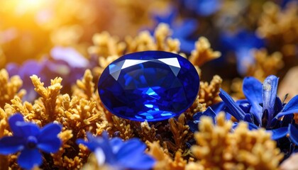 Stunning Blue Gemstone Surrounded by Vibrant Floral Arrangement