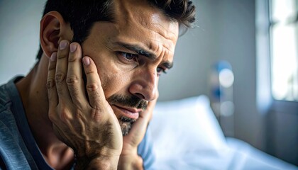 Emotional man experiencing deep thought and uncertainty indoors