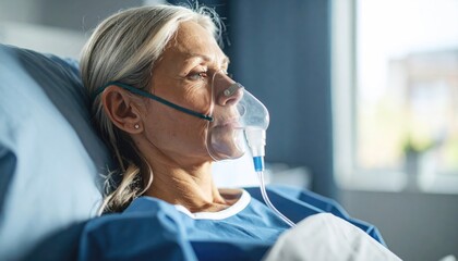 Hospital Patient with Oxygen Mask and Serious Expression in Bed