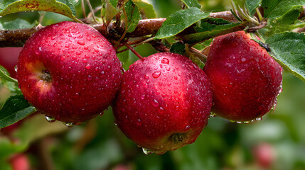 Obraz premium Vibrant red apples hang from a tree branch, their skins dotted with water droplets, bathed in soft light among green leaves, promising a crisp, sweet taste.
