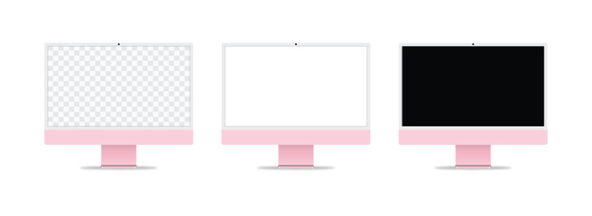 Minimalist Pink computer monitor mockup set with transparent, white, and black screens, perfect for digital product display, branding, and web design presentations.