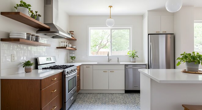 modern kitchen interior with floating walnut shelves