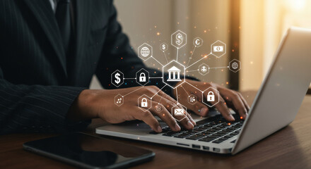 A businessman types on a laptop, surrounded by digital icons representing banking, security, and financial transactions, with a smartphone nearby.