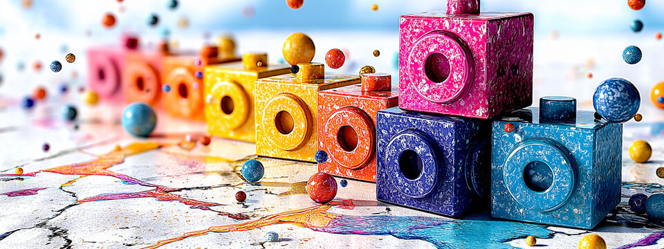 Cube cameras among spherical particles on cracked paint. Abstract technology background suitable for digital art, graphic design, or tech presentations.