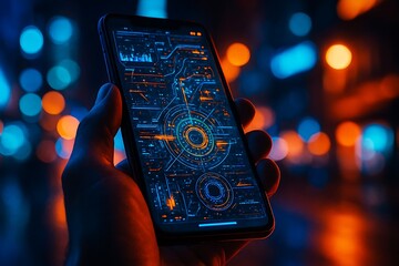 Hand holding a futuristic smartphone displaying complex data against a bokeh city background