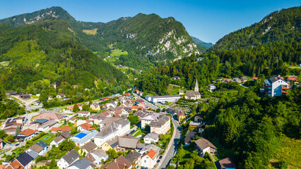 Aerial panoramic view of Bad Eisenkappel in the Karawanks mountain range, Austria, surrounded by...