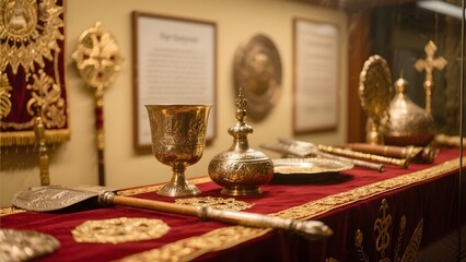 Display of ornate religious artifacts including chalices, censers, and ceremonial staffs on a richly decorated table.