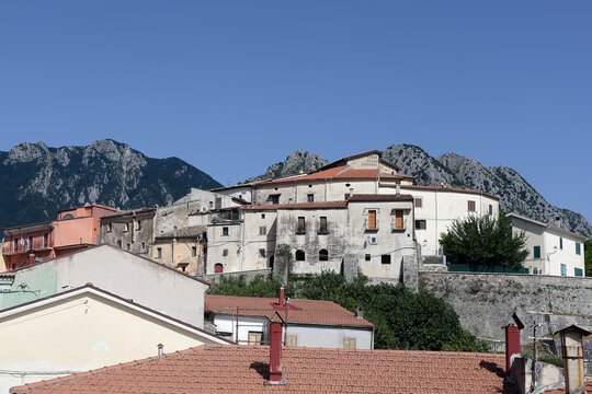 Scenic view of Scapoli village with mountain backdrop, Molise, Italy