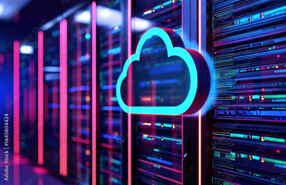 Poster neon lit server racks with glowing blue cloud icon representing cloud computing, secure data storage