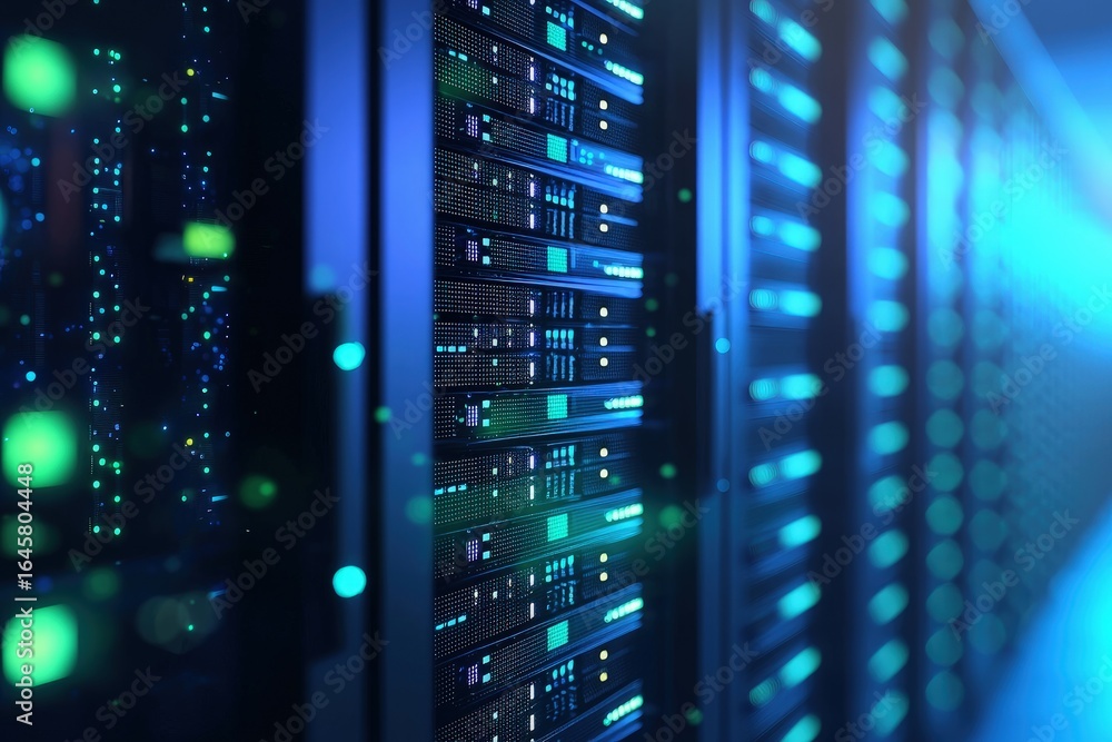 Poster detailed view of glowing server racks in a high tech data center, highlighting secure data storage, 