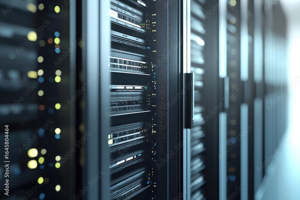 Poster modern server racks in a sleek data center environment, showcasing secure storage, advanced computin