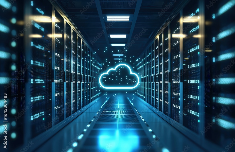 Aufkleber futuristic data center corridor with glowing cloud computing icon, representing digital storage, cyb