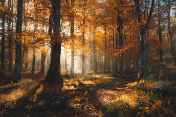Fototapeta premium autumn forest with golden leaves and sunlight