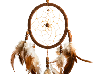 Front View Dreamcatcher with Feathers and Wooden Beads, Isolated on Transparent Background