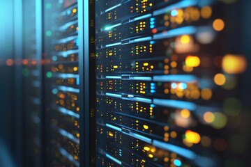 Close up of illuminated server racks with warm yellow and blue lights in a modern data center, representing secure digital storage and high performance network infrastructure