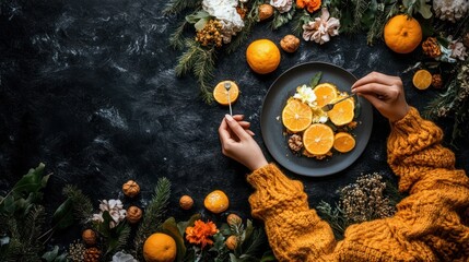 Festive orange dessert presentation on black background with decorative elements