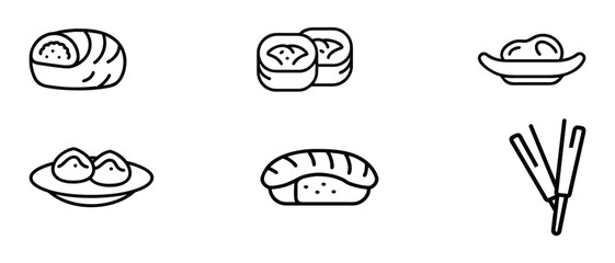  Minimalist black and white icon set featuring sushi rolls, nigiri, chopsticks, and soy sauce dishes, perfect for Japanese cuisine menus, restaurant branding, and food design projects.