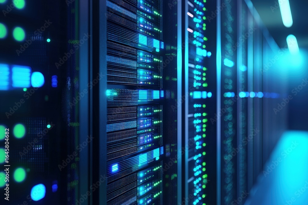 Poster close up of illuminated server racks in a modern data center, showcasing advanced network infrastruc