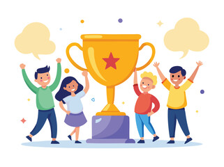 Happy People Winners Near a Big Golden Cup