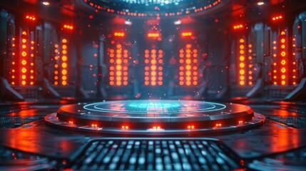 Futuristic platform with glowing lights in a room setting