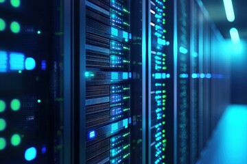 Close up of illuminated server racks in a modern data center, showcasing advanced network infrastructure, high speed processing, and secure data storage solutions