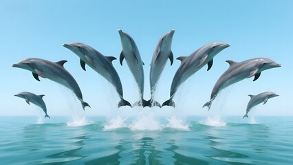 Obraz premium Dolphins leaping out of the ocean in a synchronized group under a clear blue sky