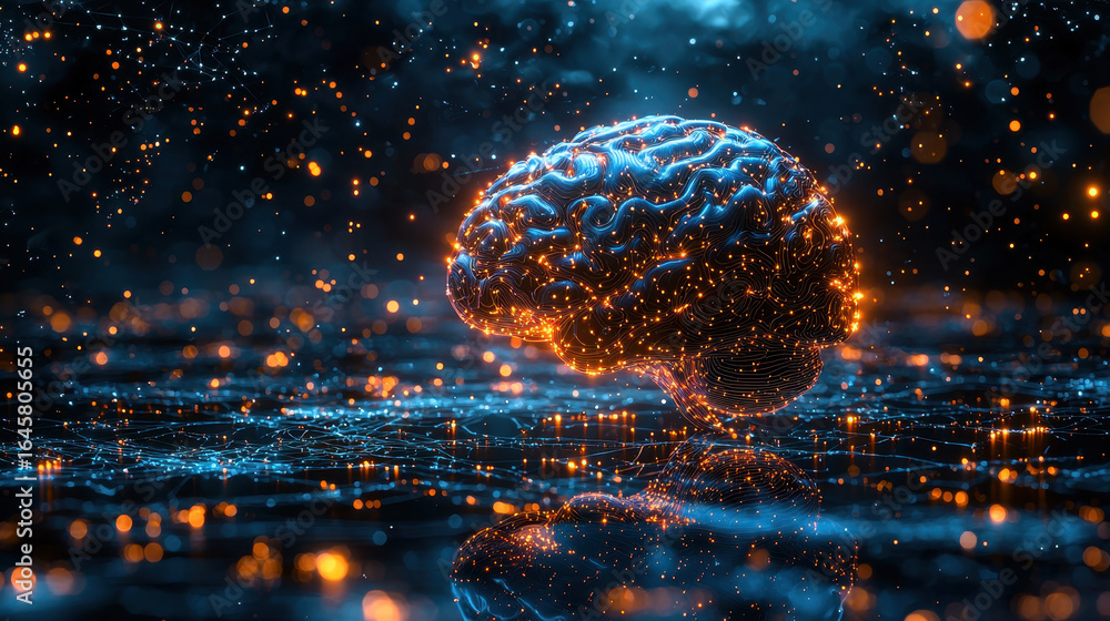 Poster digital brain immersed in a matrix-like world of glowing data and distorted reality