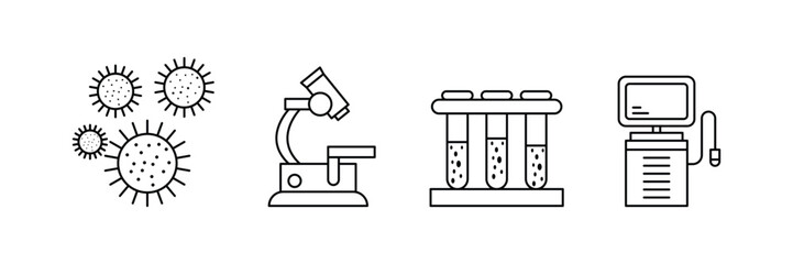 Medical microbiology, laboratory microscope, test tube analysis, diagnostic equipment, bacteria research, pathogen study, clinical testing, virus examination icon vector illustration.