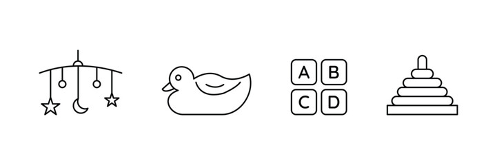 Baby mobile, rubber duck, alphabet blocks, stacking toy outline icon vector illustration for early childhood activities.