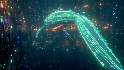 Futuristic cyber organic whale swimming glowing neon deep sea trench, bioluminescent wires synthetic fins, city walls lights vents, digital particles cyberpunk underwater theme, 4K slow graceful - Powered by Adobe