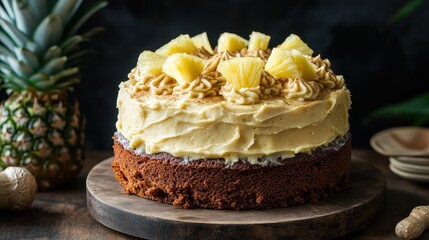 Creamy Pineapple Cake with Toppings on Wooden Stand and Background