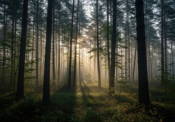 Obraz premium Sunlit Serenity: Captivating Forest Scene with Trees Bathed in Golden Light