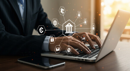 A businessman types on a laptop, surrounded by digital banking and finance icons, with a smartphone nearby.