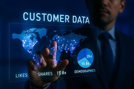 A businessman interacts with a customer data interface, displaying global demographics, likes, and shares for business growth and success analysis