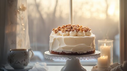 Delicious Creamy Cake with Nuts on a Stand by the Window at Sunset