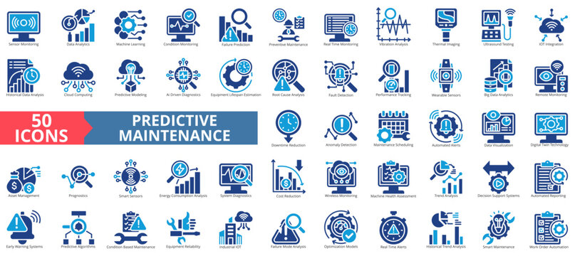Predictive maintenanceicon set flat style collection. Containing data analytics, machine learning, condition, failure prediction, preventive, real time, analysis.