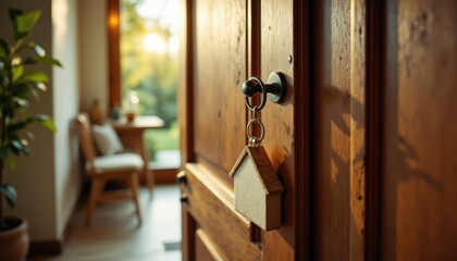 Obraz premium close up of a key in a wooden door lock, house shaped keychain swinging, soft morning light, cozy home interior, high resolution
