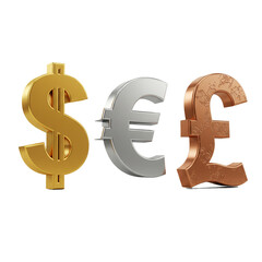 Three distinct metallic currency symbols, rendered in lustrous gold, sleek silver, and aged bronze, represent global finance, economic exchange, and investment.