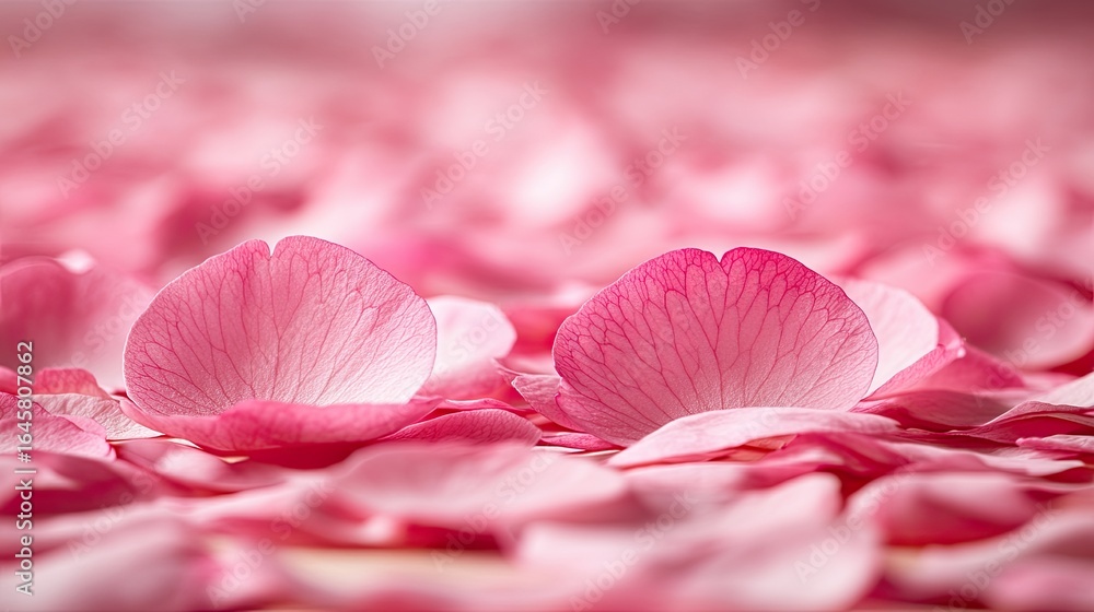 Poster white background filled with a scatter of pink sakura petals in a randomized soft pattern