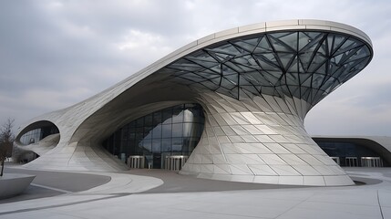 Stunning modern architectural marvel featuring flowing lines and glass facade under dramatic sky