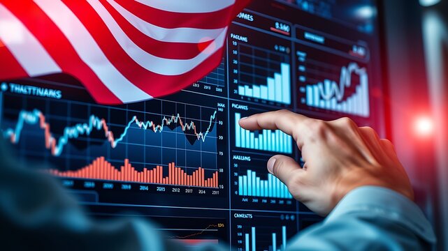 American flag overlaying financial charts displaying growth and business statistics with a hand - Powered by Adobe
