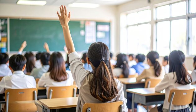 Student raising hand in a classroom during lesson time from behind.