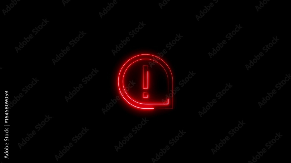 Poster illuminated red neon exclamation mark inside a rounded cornered square frame on black