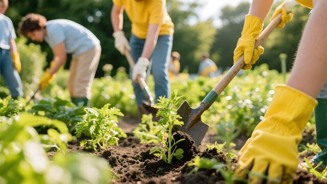 Volunteers planting seedlings in a community garden with shovels and gardening gloves. - Powered by Adobe