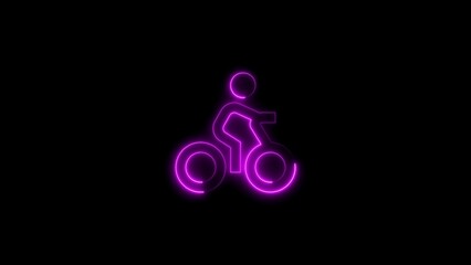 Glowing neon bike silhouette with a rider in vibrant purple on a black background