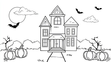 Black and white Halloween haunted house illustration with pumpkins, bats, clouds, and moon