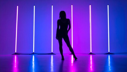 Sleek Female Silhouette Framed by Glowing Magenta and Blue Vertical Light Tubes