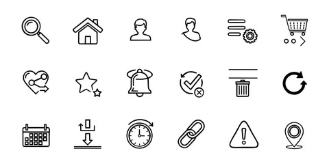 A versatile collection of essential line icons for web and app interfaces, including search, home, user, settings, shopping cart, calendar, download, time, link, alert, and location symbols.